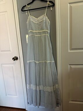 Vintage Prairie Light Blue Lace Trim Maxi Dress